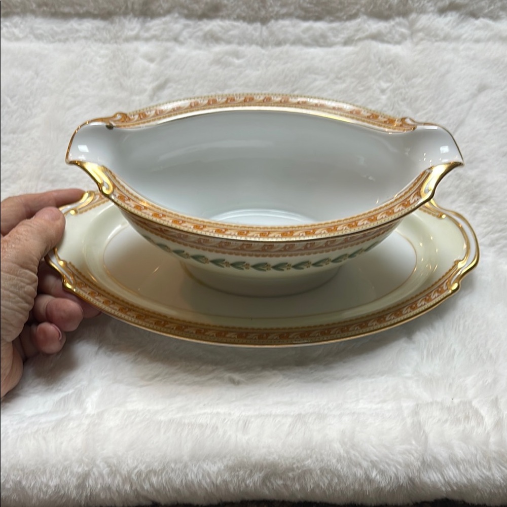 vintage Noritake Raphael China gravy boat w/attached underplate. Made in Japan